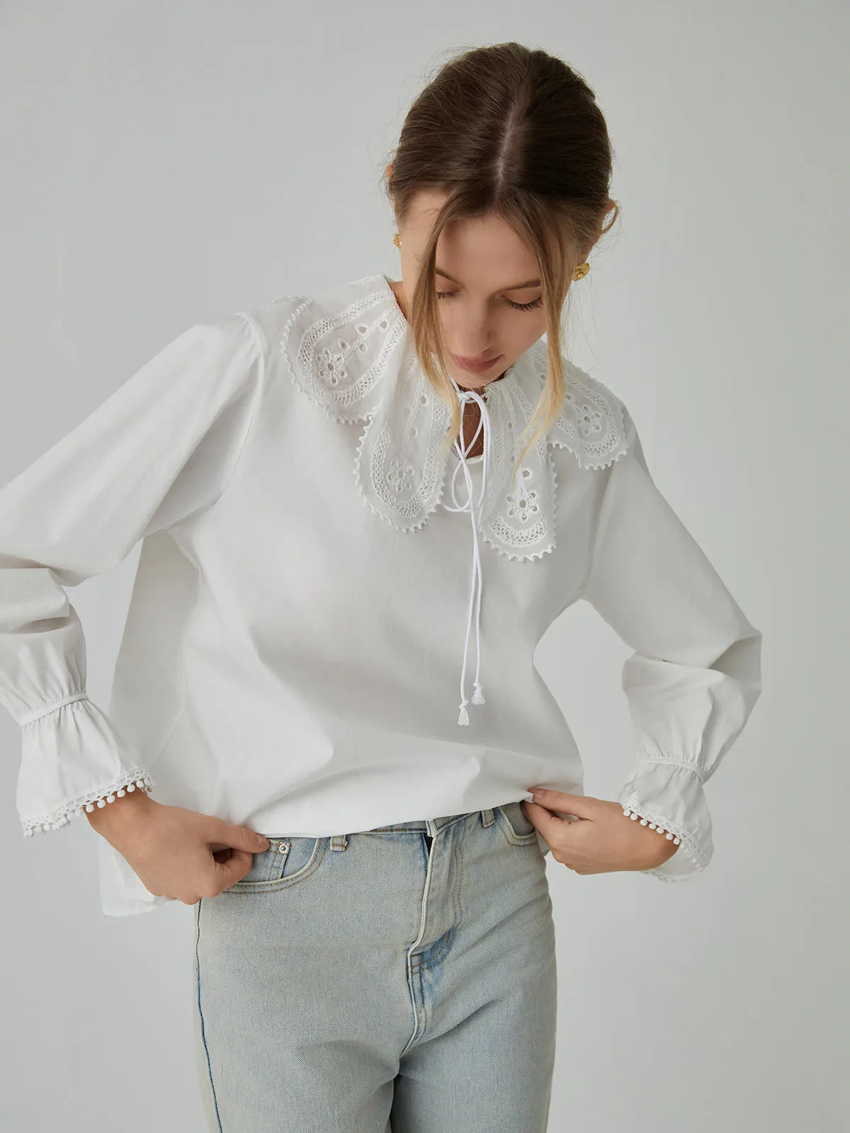 Cotton Lace Graceful Trim Tie-Front Shirt