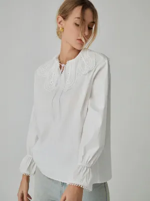 Cotton Lace Graceful Trim Tie-Front Shirt