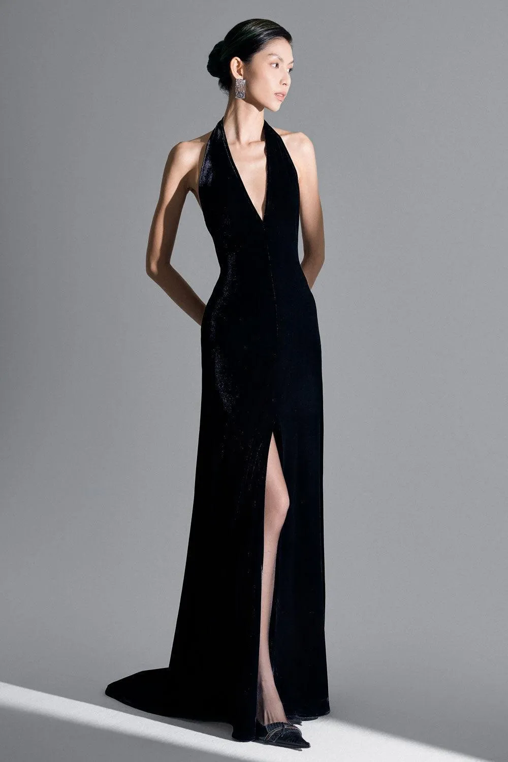 Della Slit Halter Neck Velvet Floor Length Dress