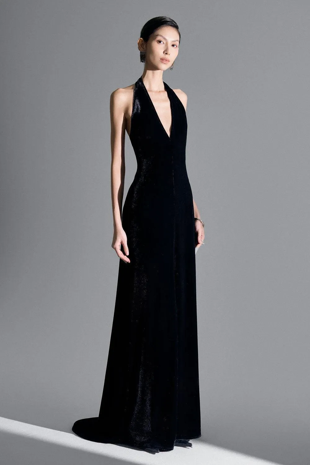 Della Slit Halter Neck Velvet Floor Length Dress