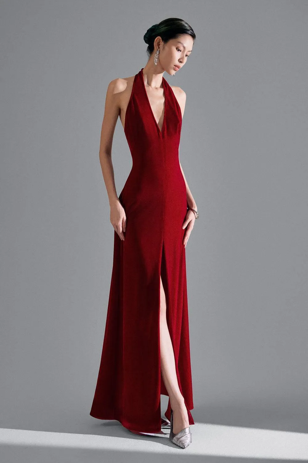 Della Slit Halter Neck Velvet Floor Length Dress