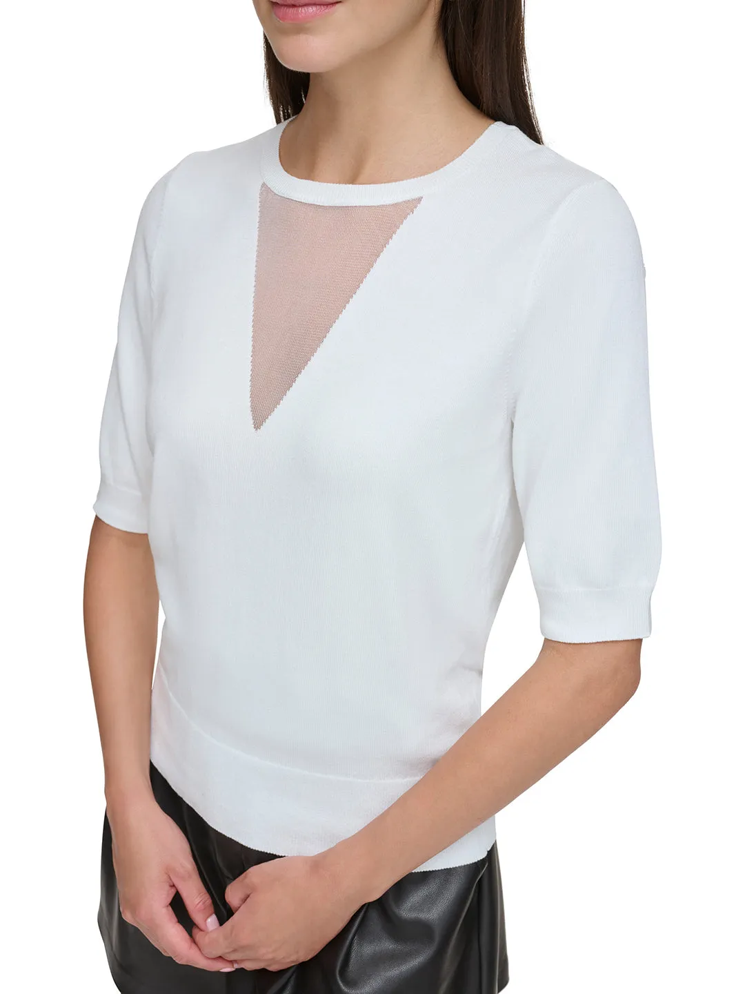 Dkny Women White Solid Round Neck Short Sleeves Sweater