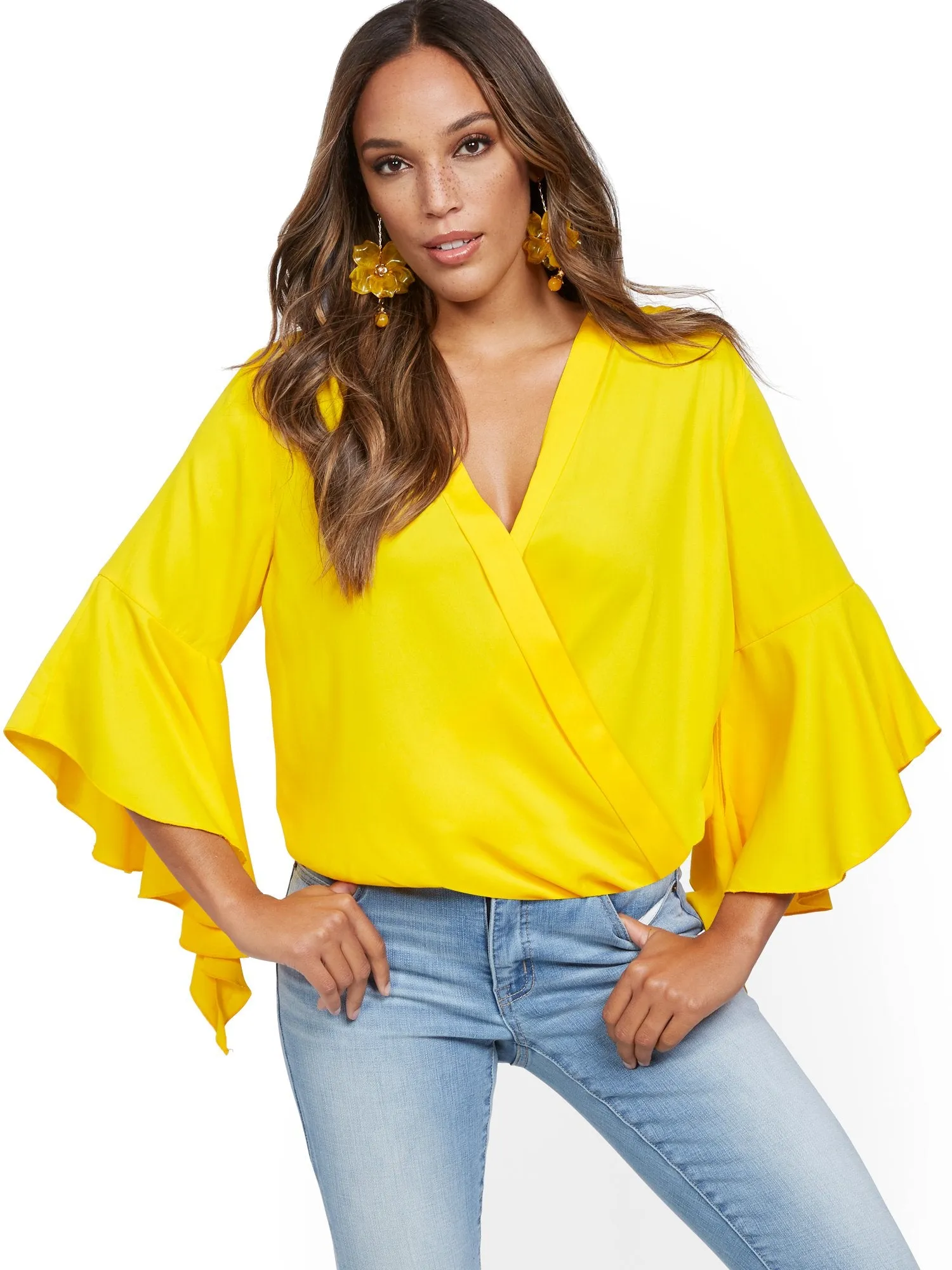 Drama-Sleeve Wrap Blouse