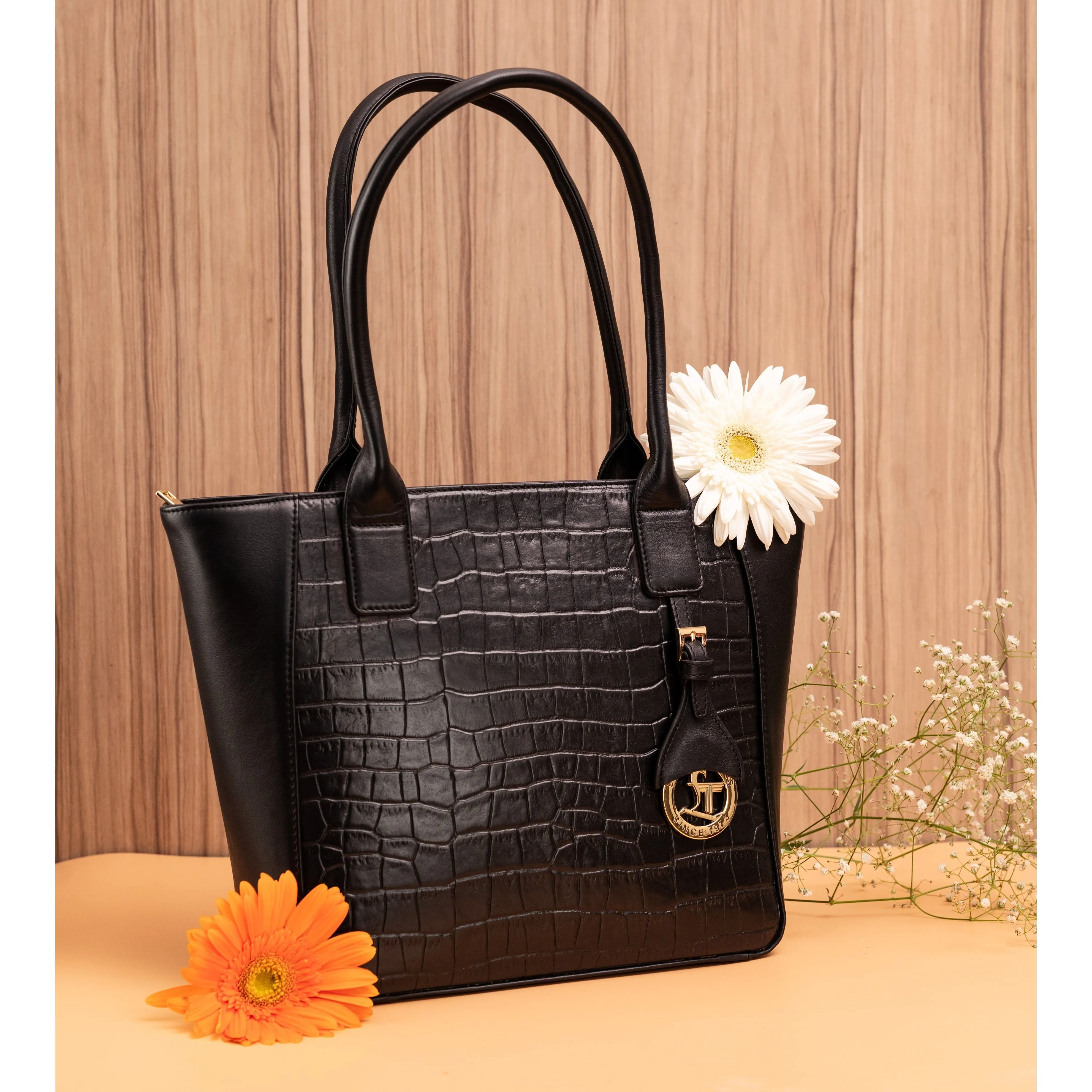 Elvis Leather Tote Bag For Women | Croco Embossed Genuine Leather | Color: Red, Black & Brown