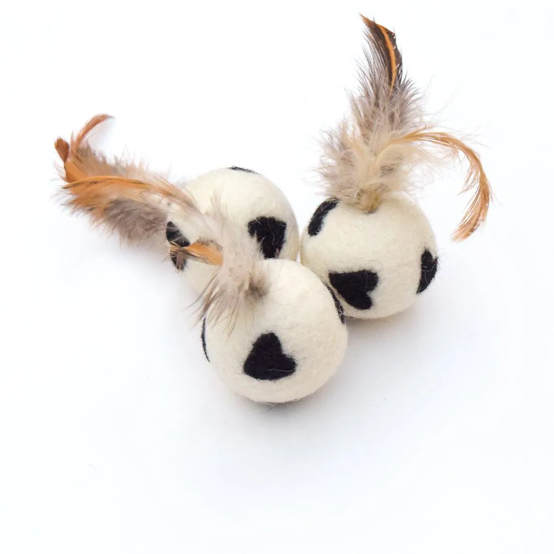 Feather Cat Balls with Black Hearts - Set of 3