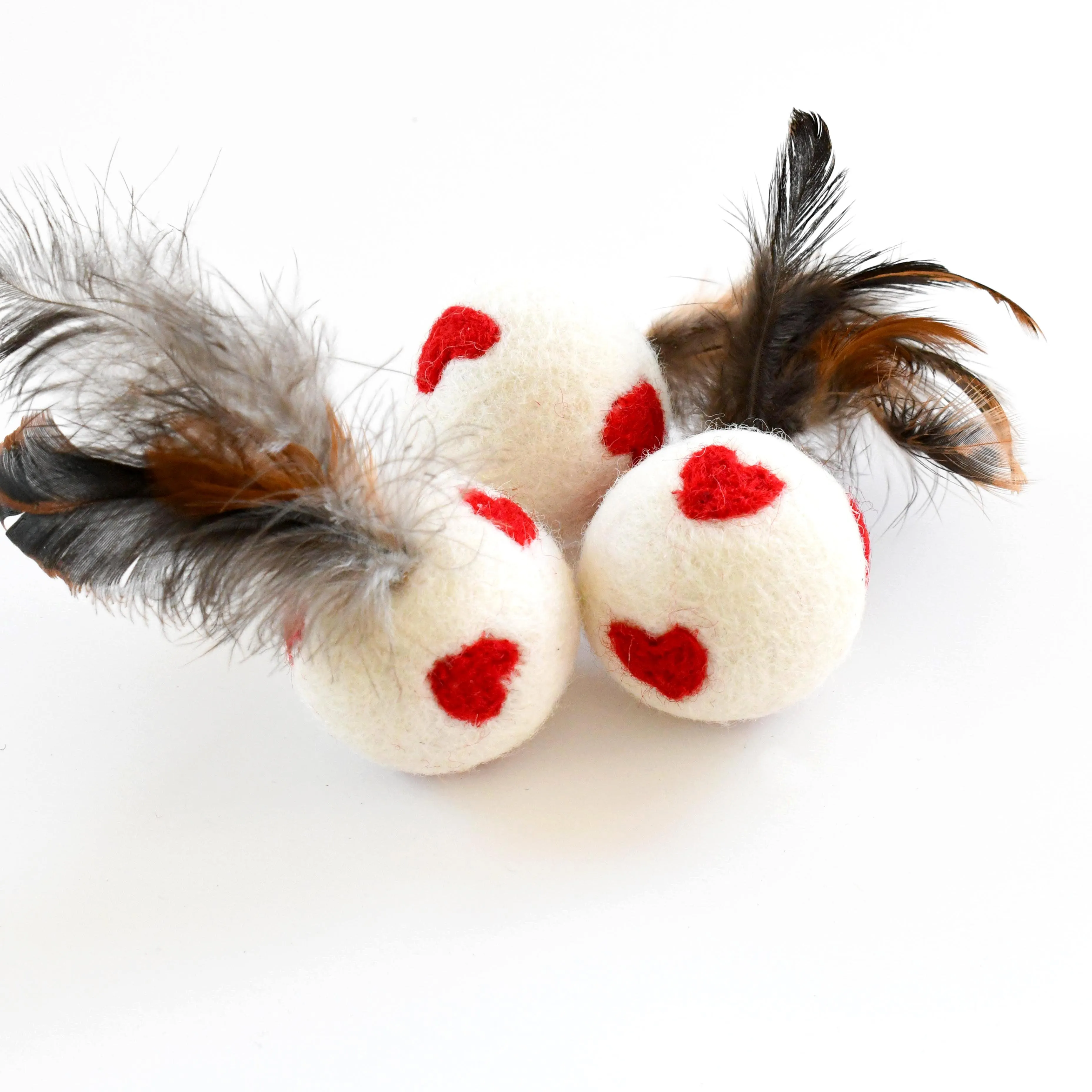 Feather Cat Balls with Red Hearts - Set of 3