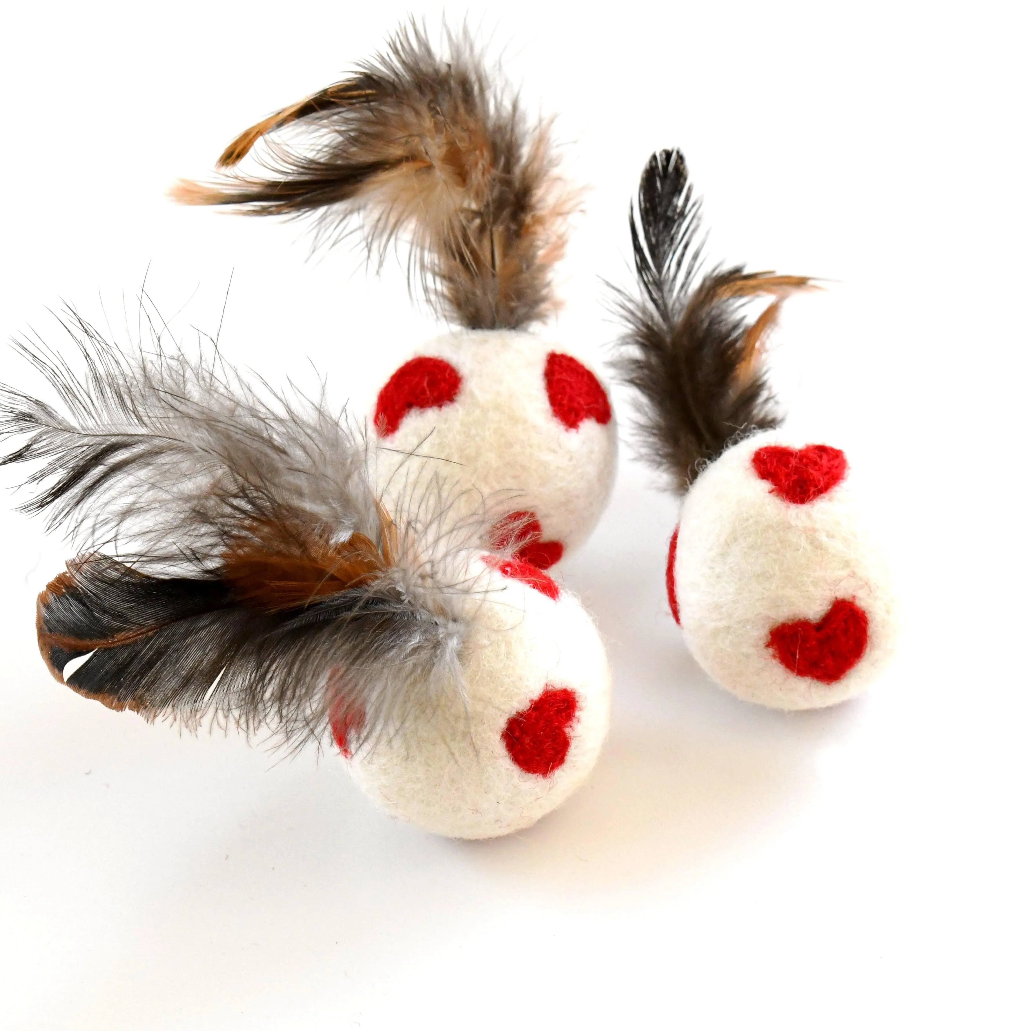 Feather Cat Balls with Red Hearts - Set of 3