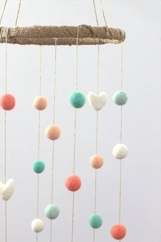 Felt Ball & Heart Nursery Mobile- Coral, Peach, Aqua- SMALL