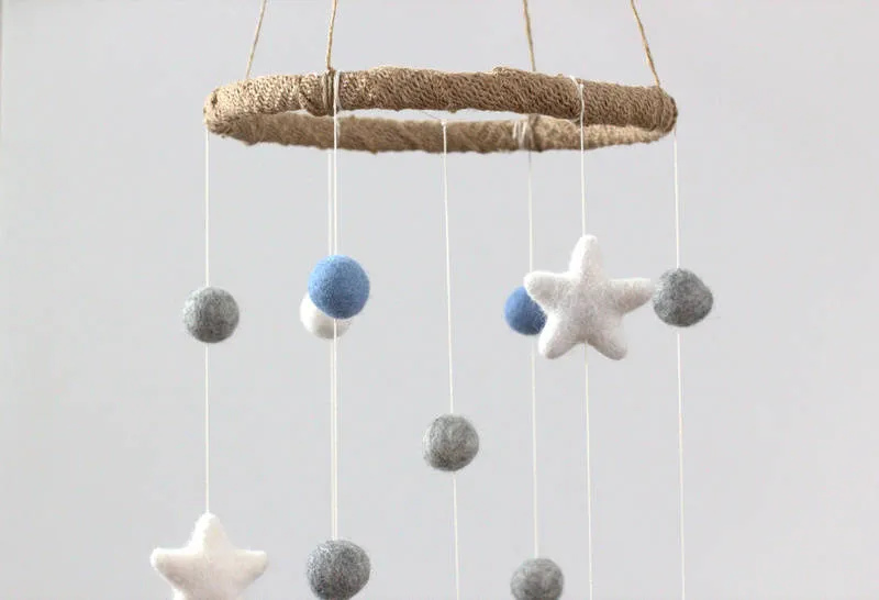 Felt Ball & Star Nursery Mobile- Baby Blue, Gray- SMALL