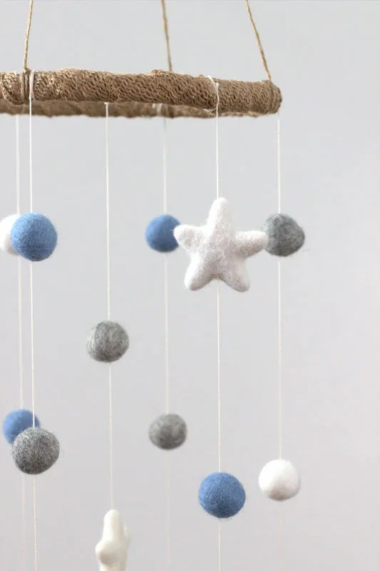 Felt Ball & Star Nursery Mobile- Baby Blue, Gray- SMALL