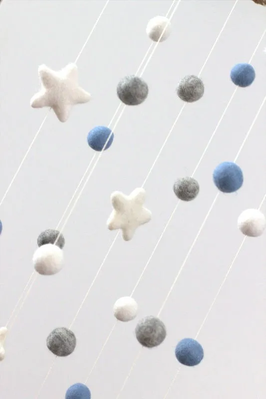 Felt Ball & Star Nursery Mobile- Baby Blue, Gray- SMALL