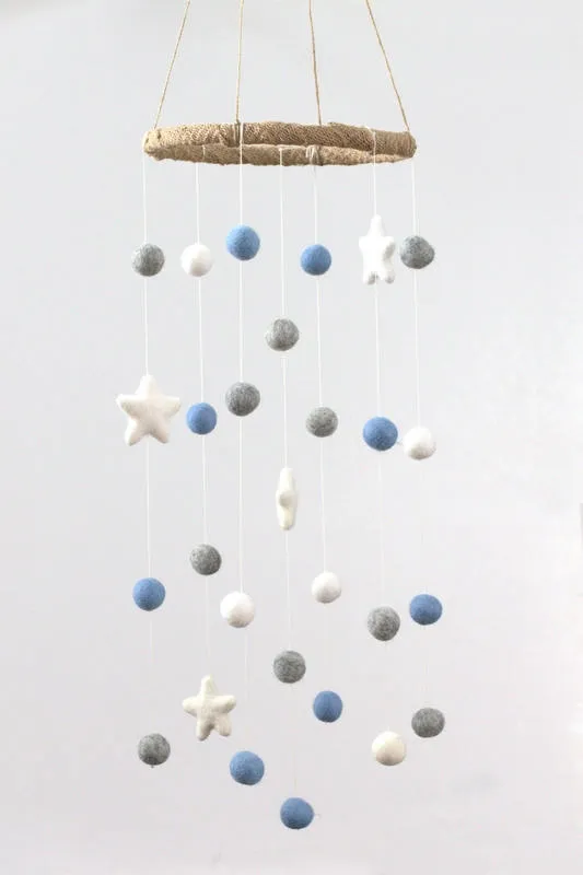 Felt Ball & Star Nursery Mobile- Baby Blue, Gray- SMALL