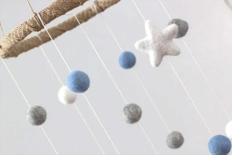 Felt Ball & Star Nursery Mobile- Baby Blue, Gray- SMALL