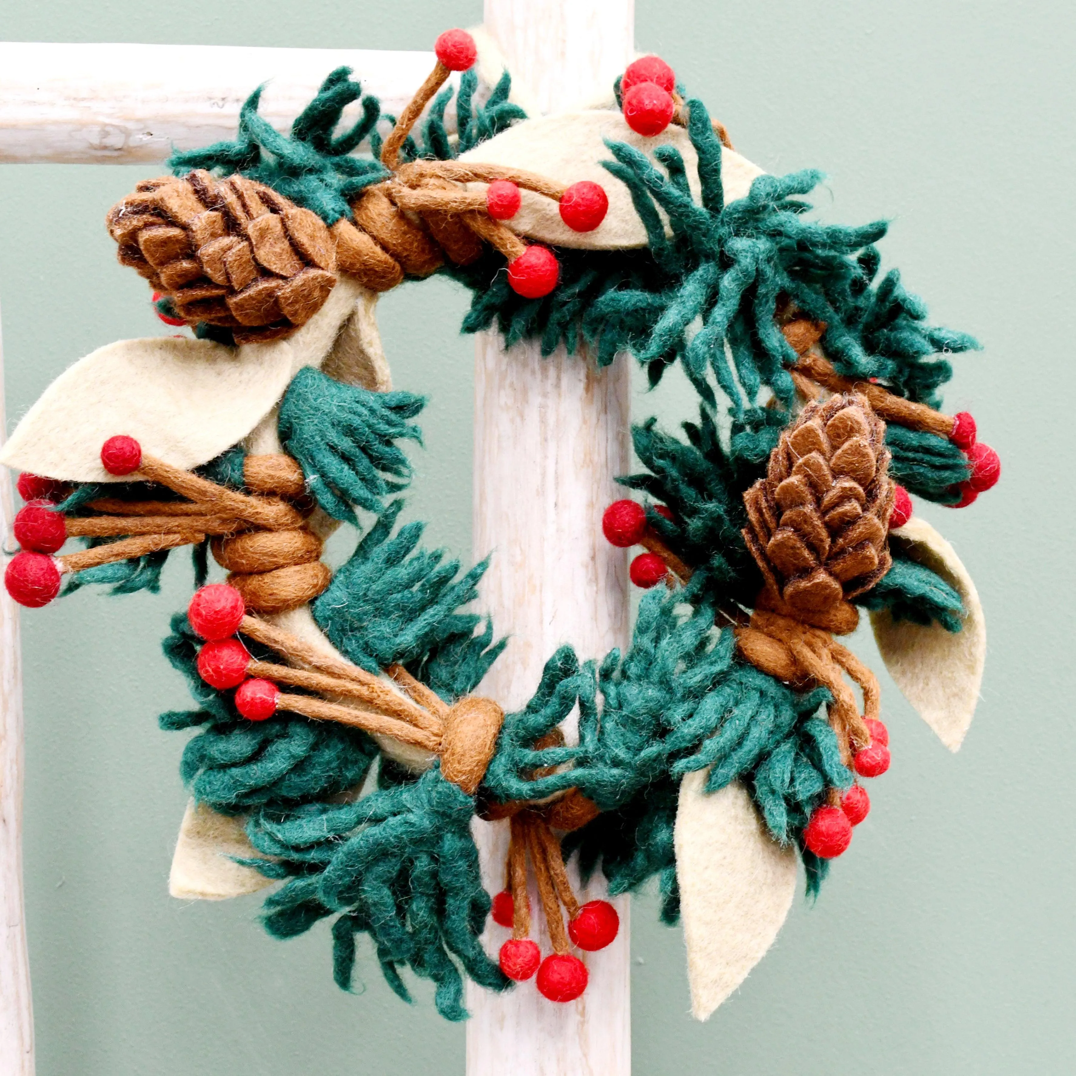 Felt Christmas Pine Cones and Holly Berries Wreath