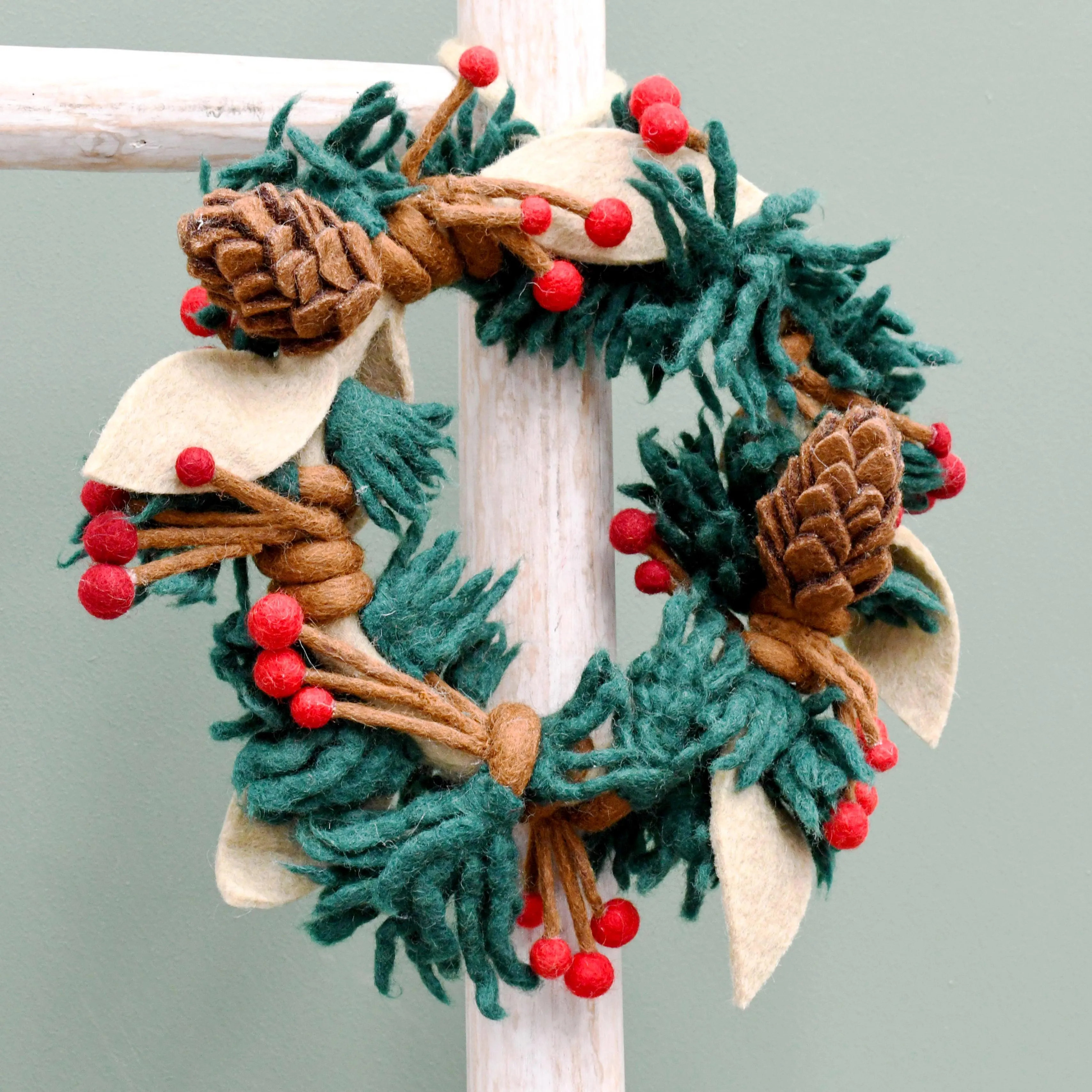 Felt Christmas Pine Cones and Holly Berries Wreath