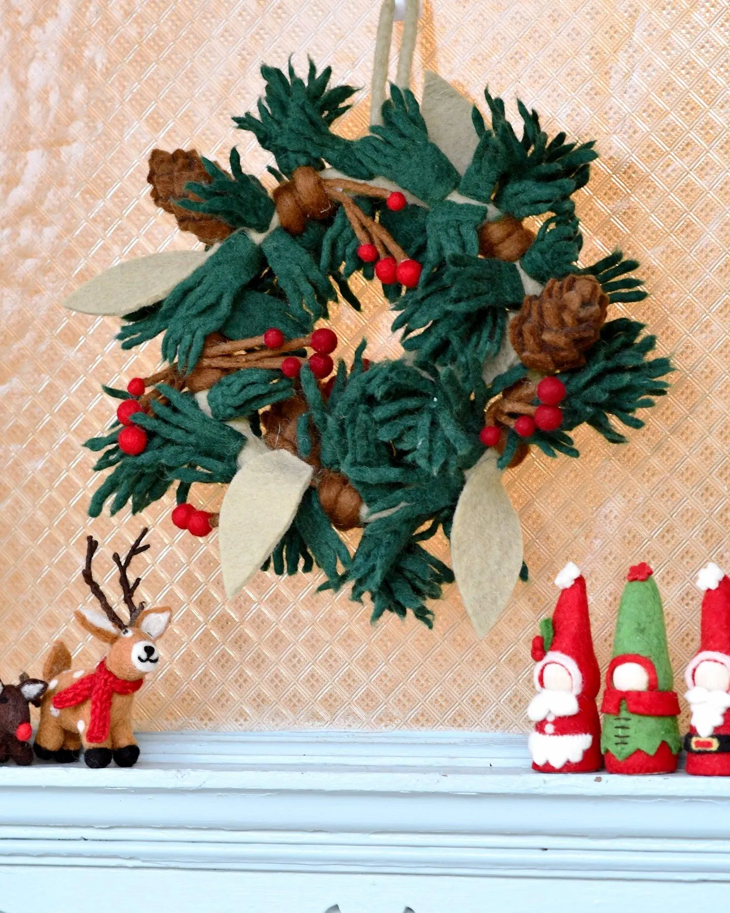 Felt Christmas Pine Cones and Holly Berries Wreath