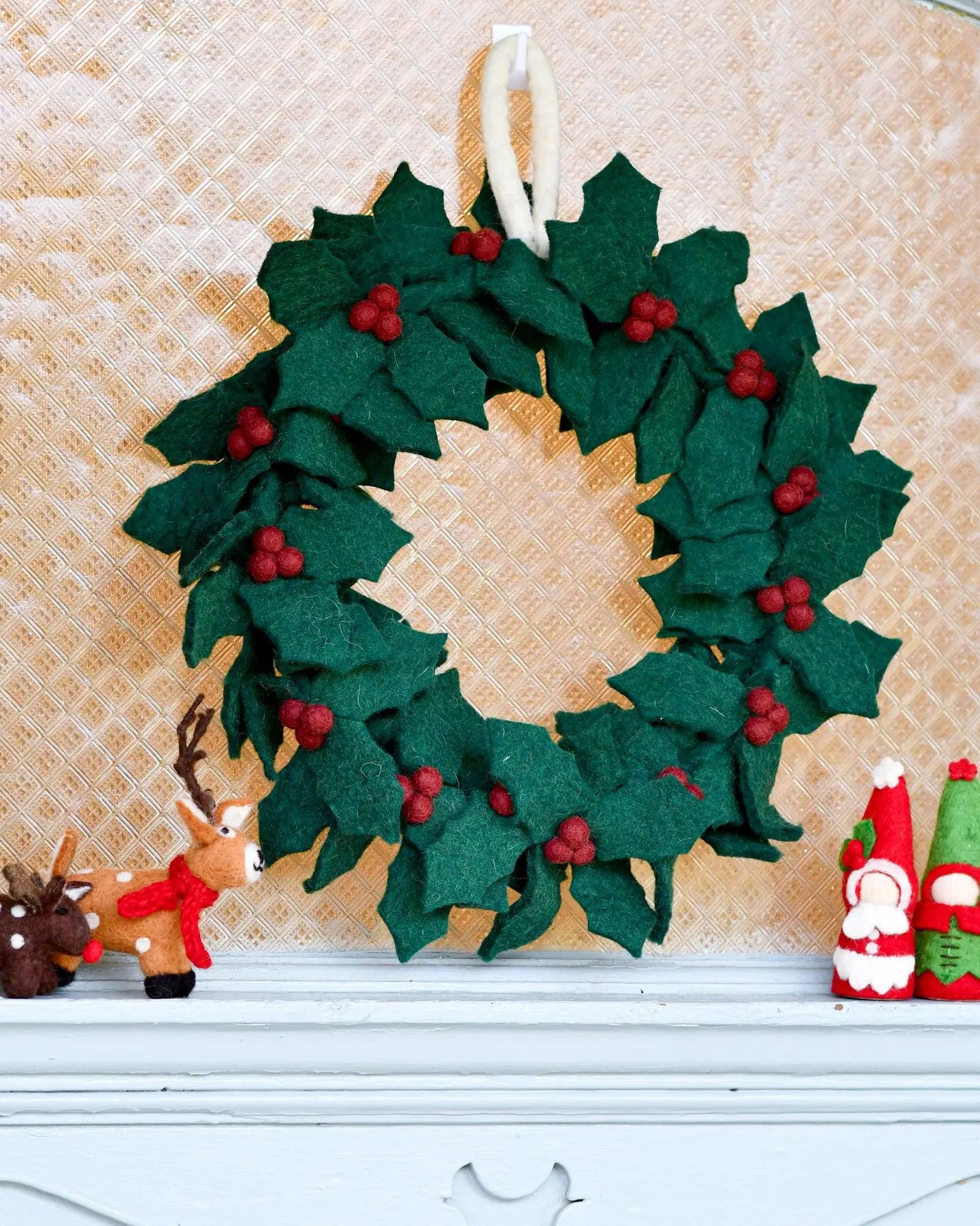 Felt Holly Wreath with Red Berries