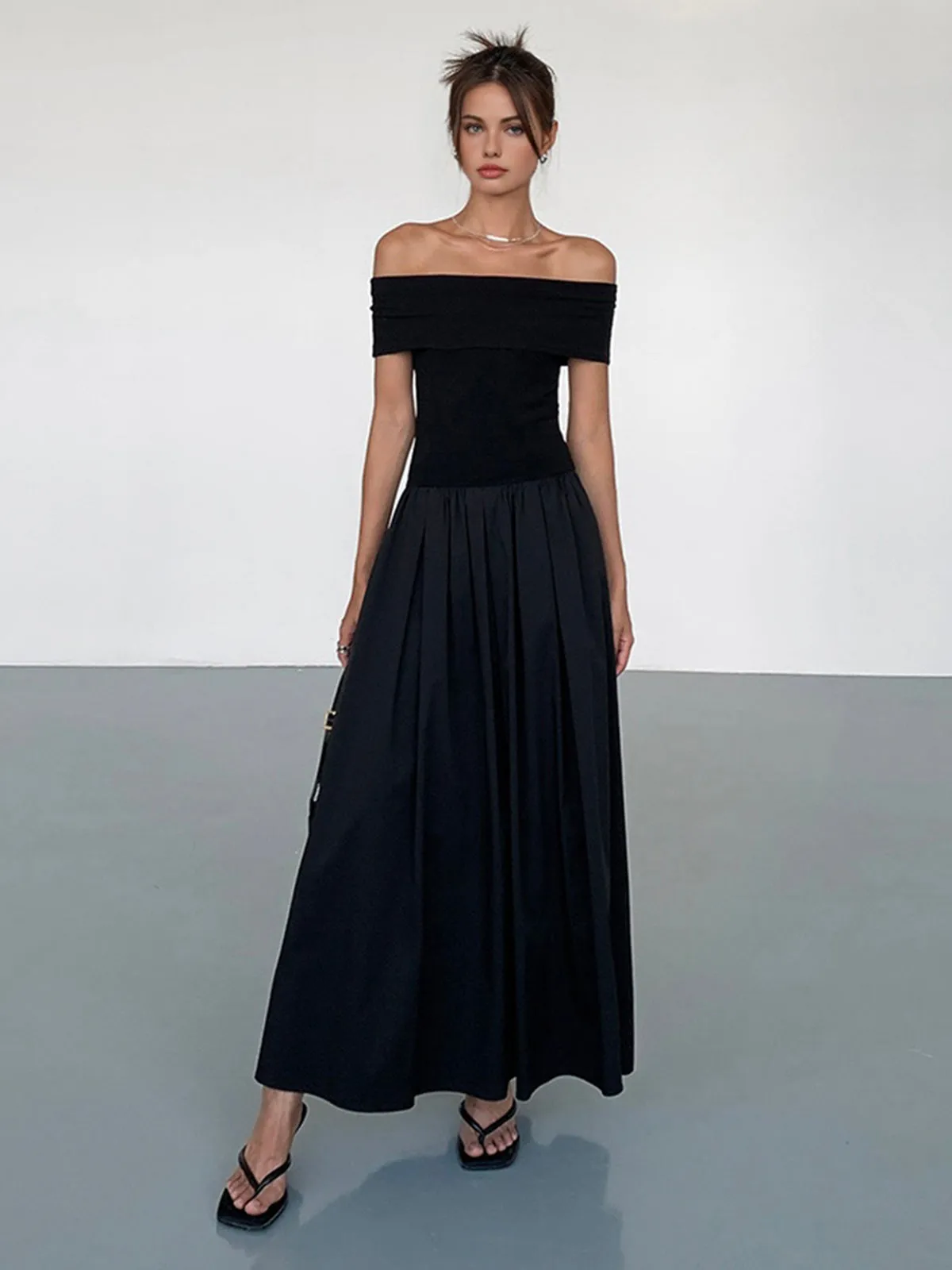 Frenchy Solid Graceful Off-Shoulder Long Dress