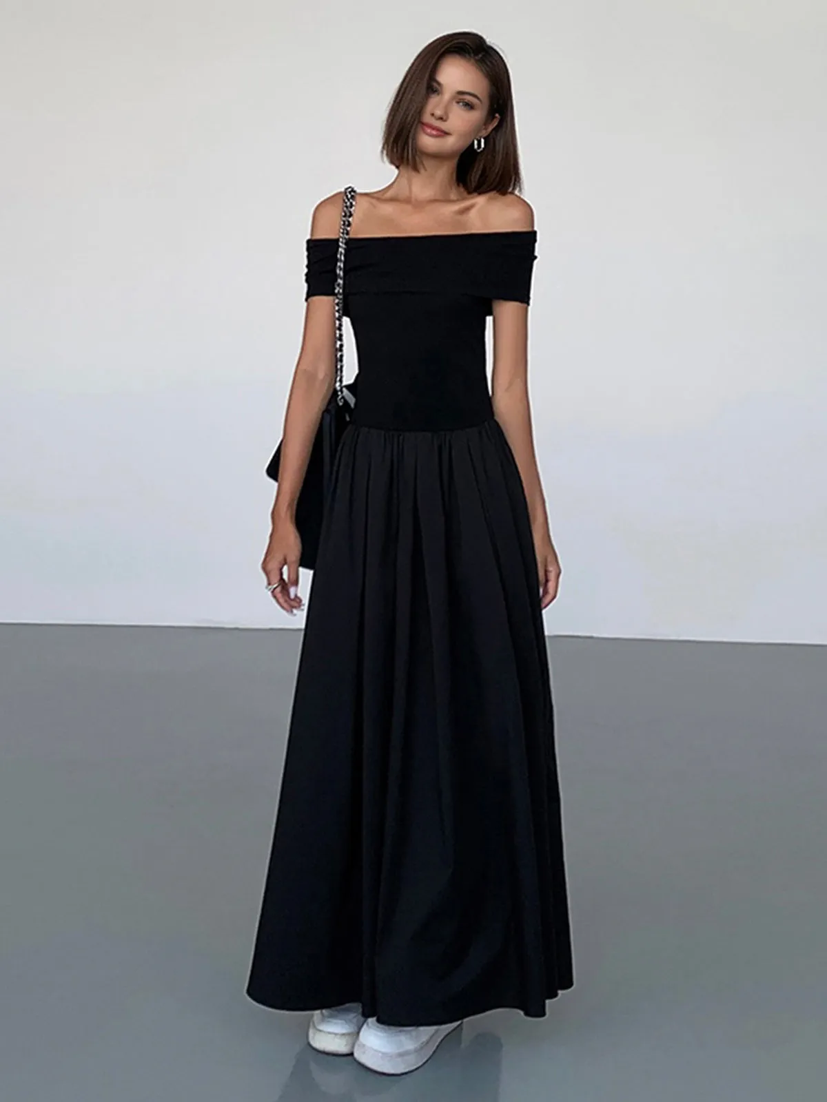 Frenchy Solid Graceful Off-Shoulder Long Dress