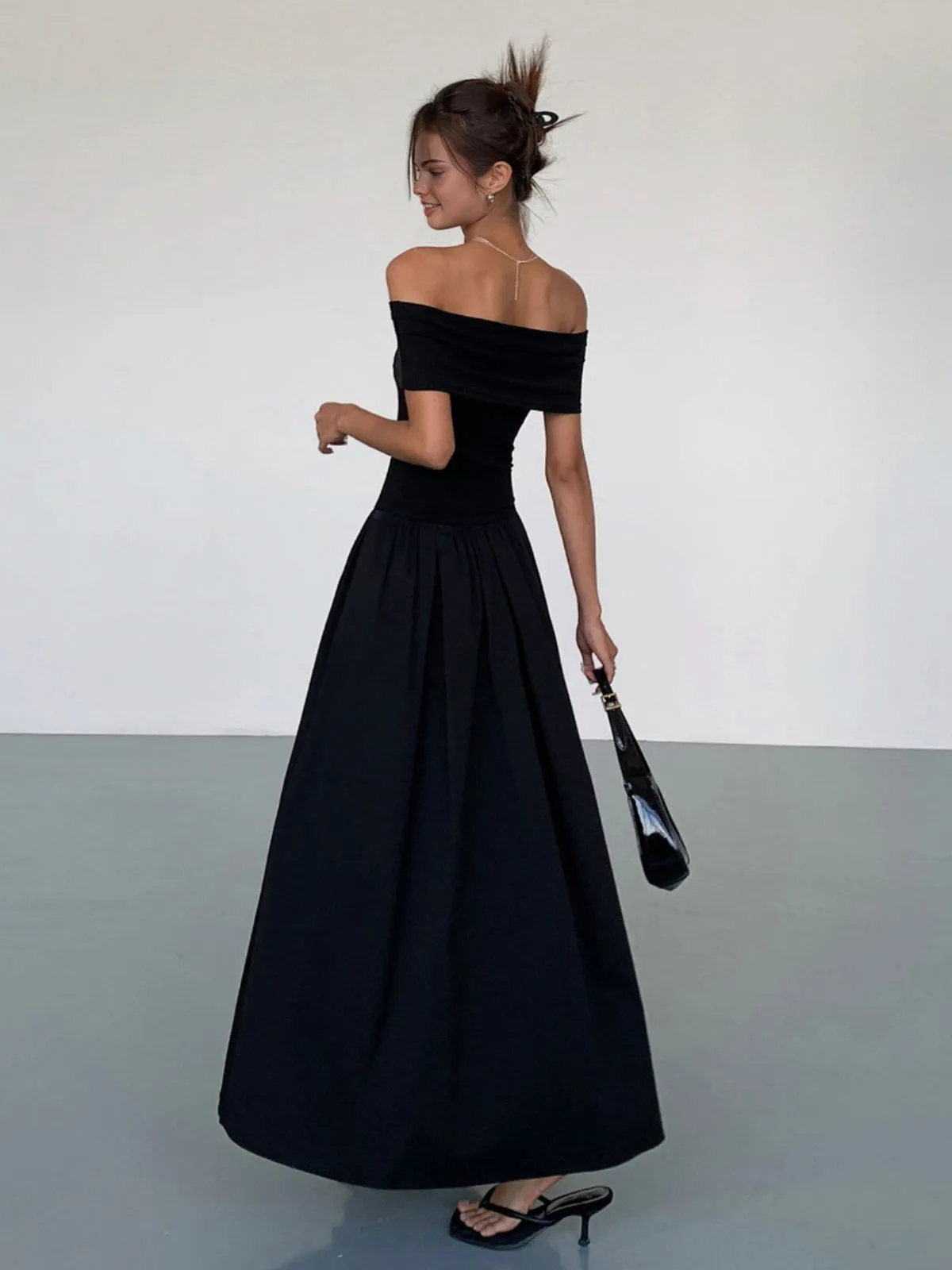 Frenchy Solid Graceful Off-Shoulder Long Dress