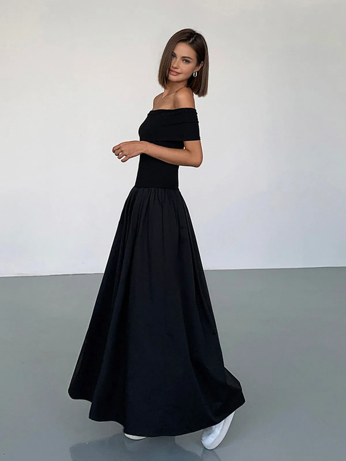 Frenchy Solid Graceful Off-Shoulder Long Dress