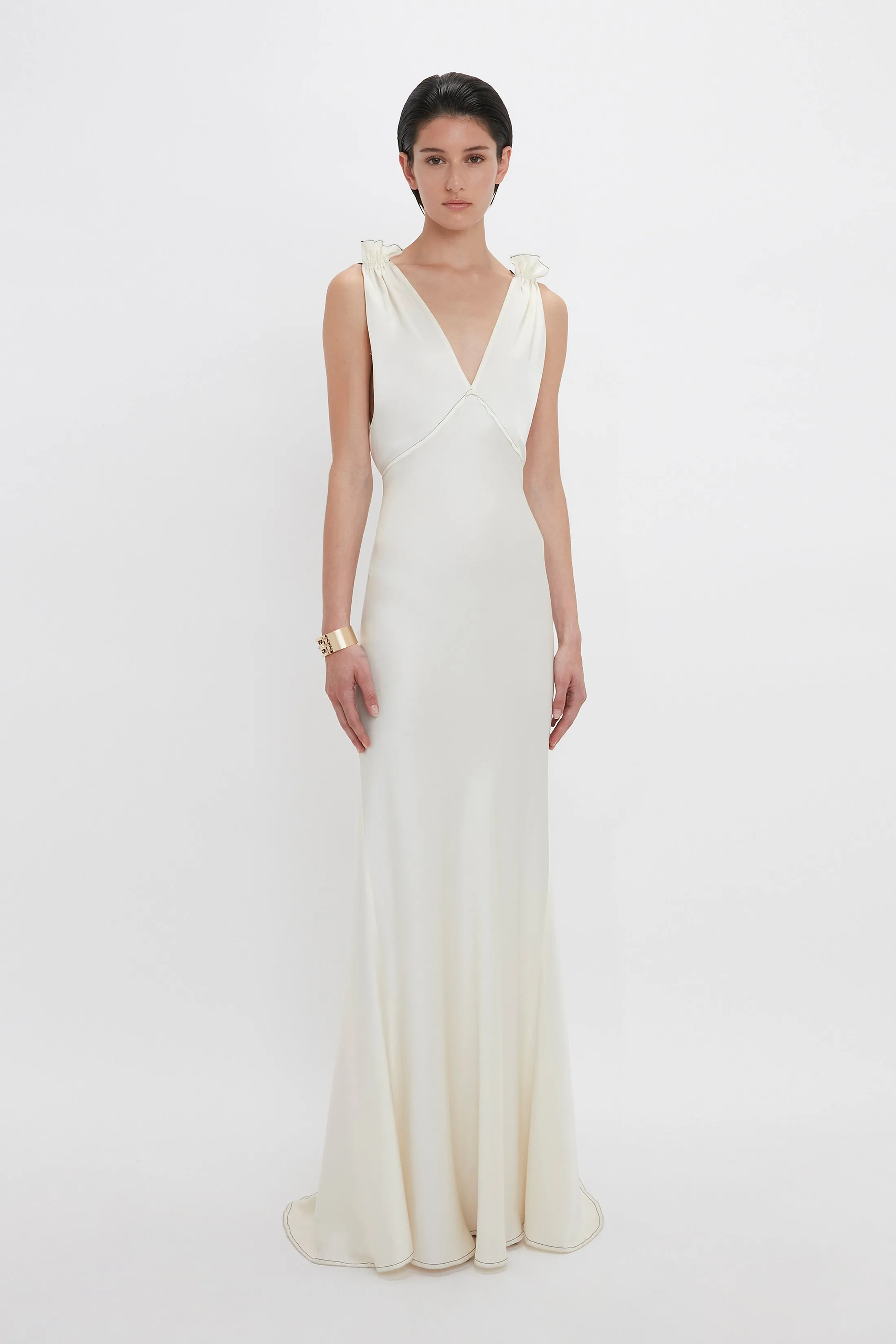 Gathered Shoulder Floor-Length Cami Gown In Ivory