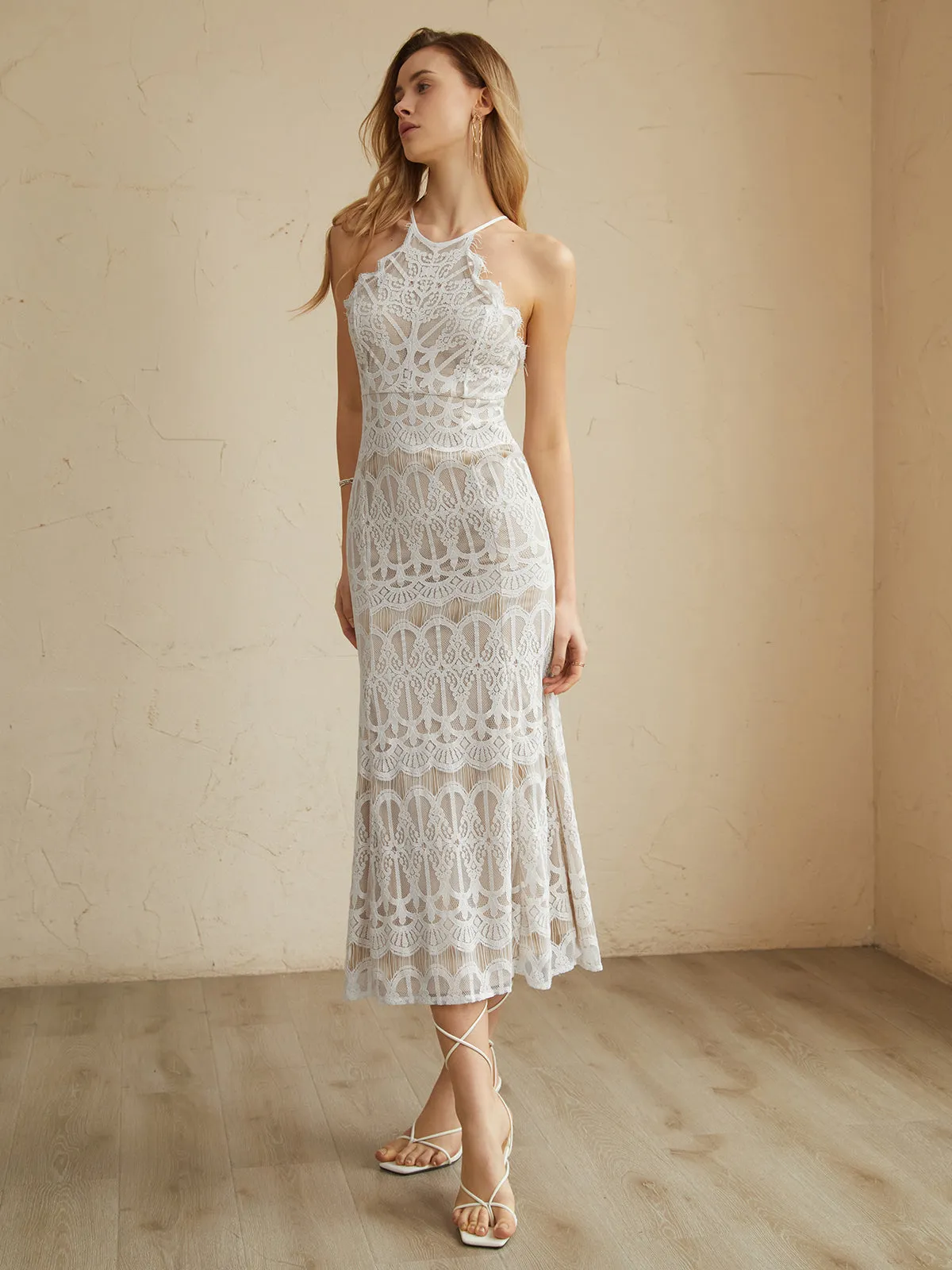 Glamorous Lace Graceful Halter Long Dress