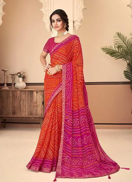 Graceful Pink & Orange Bandhani Chiffon Saree