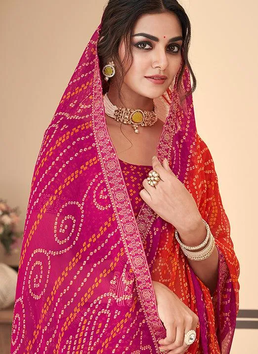 Graceful Pink & Orange Bandhani Chiffon Saree