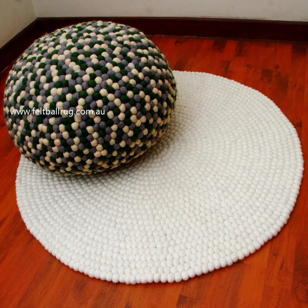 Green Grey White Felt Ball Ottoman Pouf