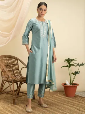 Grey Embroidered Silk Straight Kurta With Dupatta