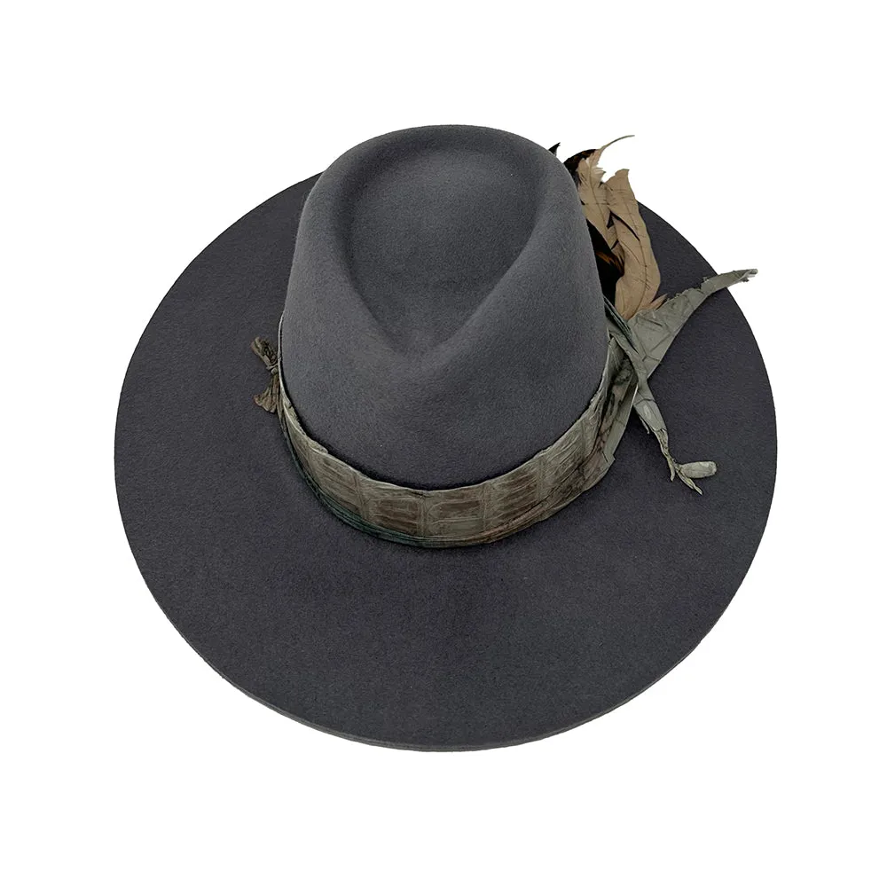 Grey Flat Brim Fedora with Grey Alligator