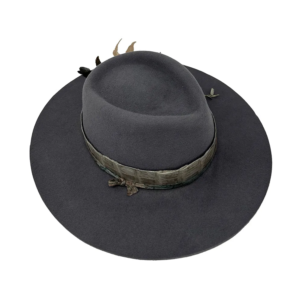 Grey Flat Brim Fedora with Grey Alligator