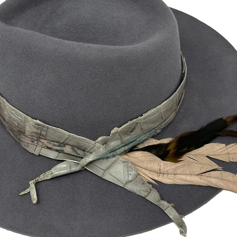 Grey Flat Brim Fedora with Grey Alligator