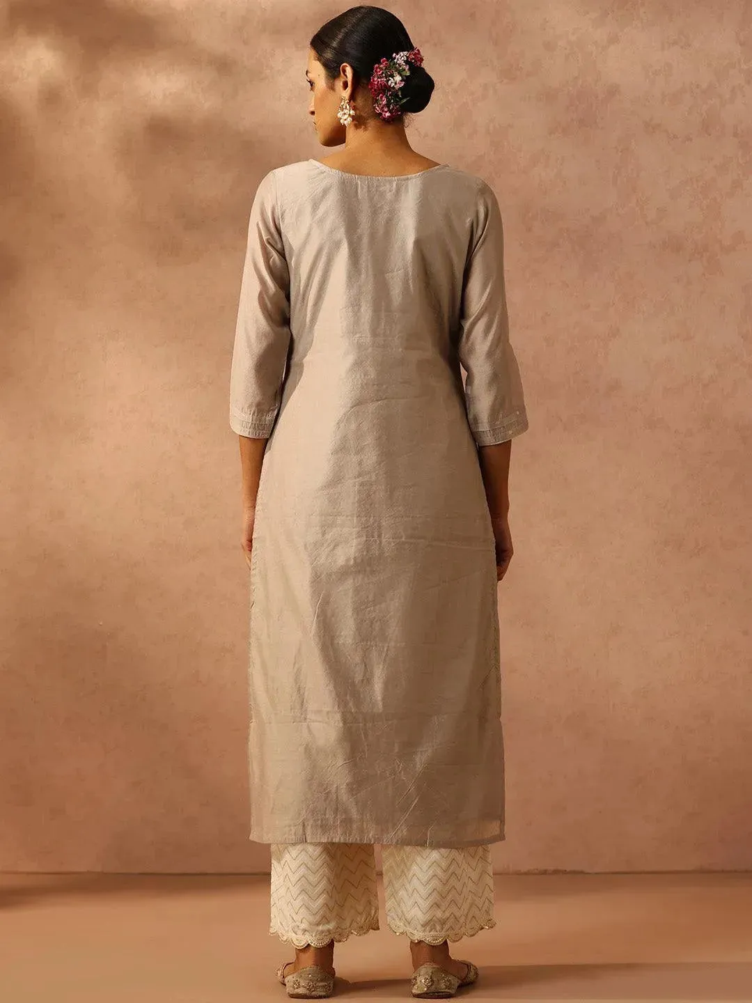 Grey Self Design Chanderi Silk Straight Kurta