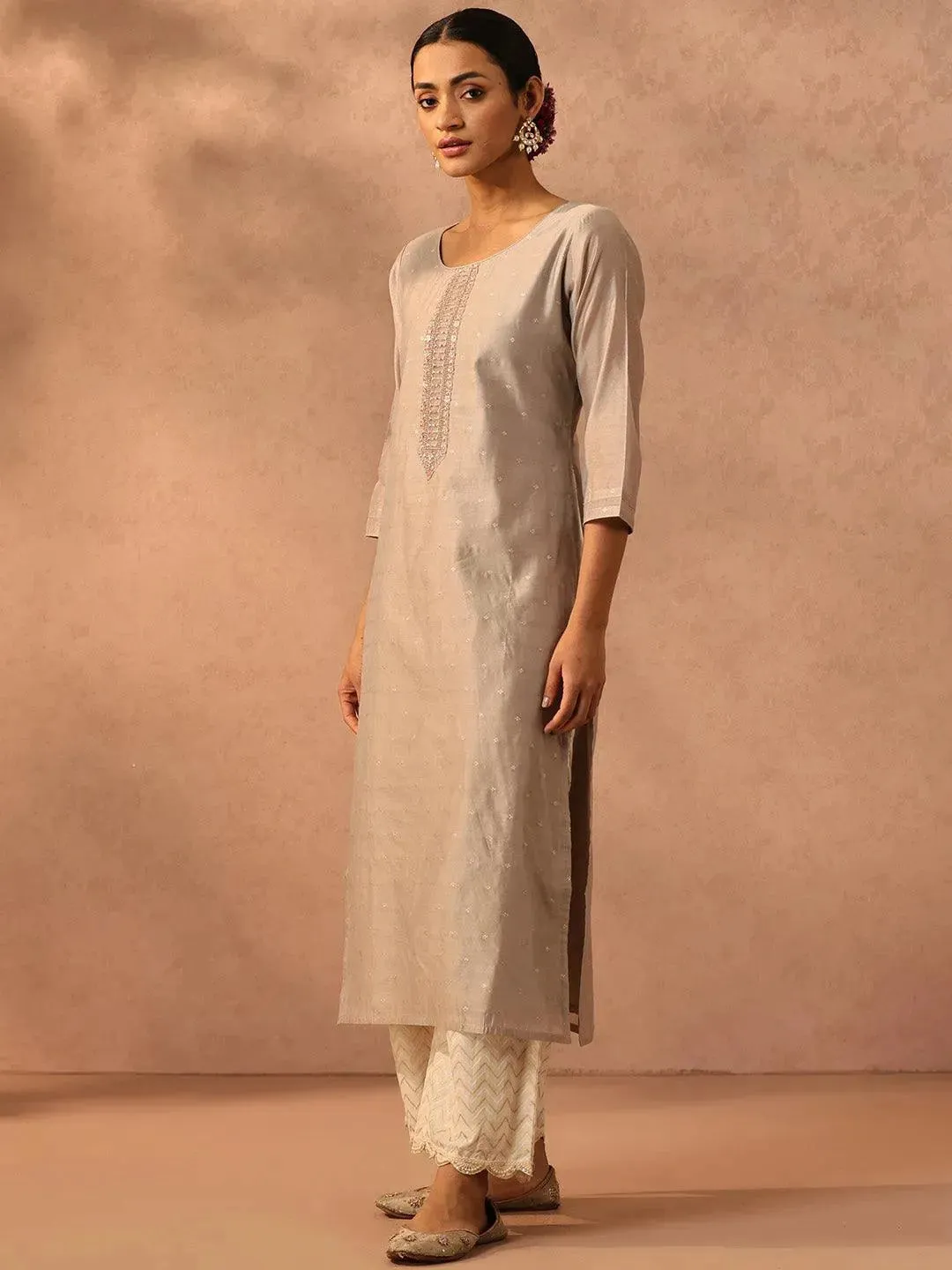 Grey Self Design Chanderi Silk Straight Kurta