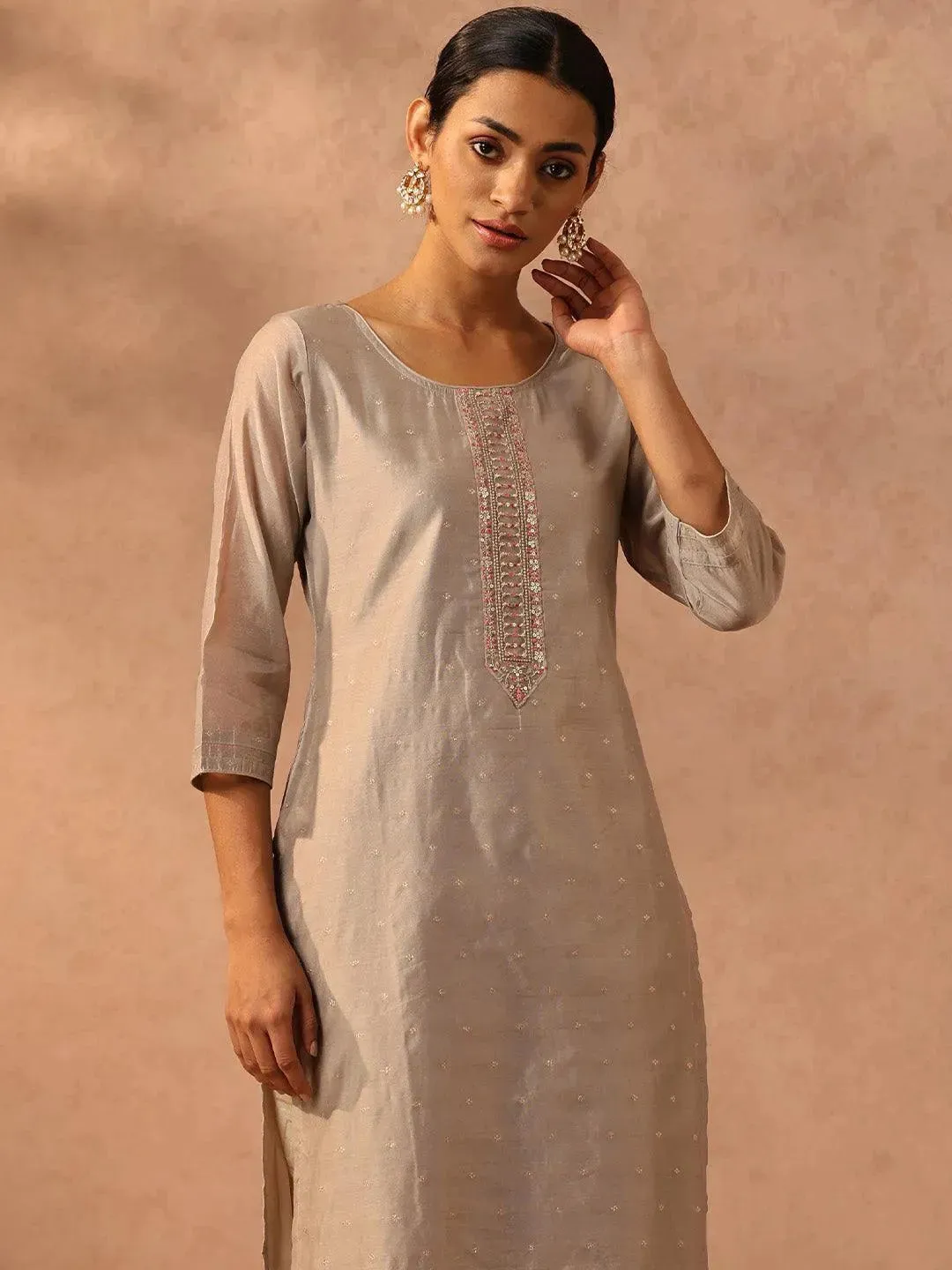 Grey Self Design Chanderi Silk Straight Kurta