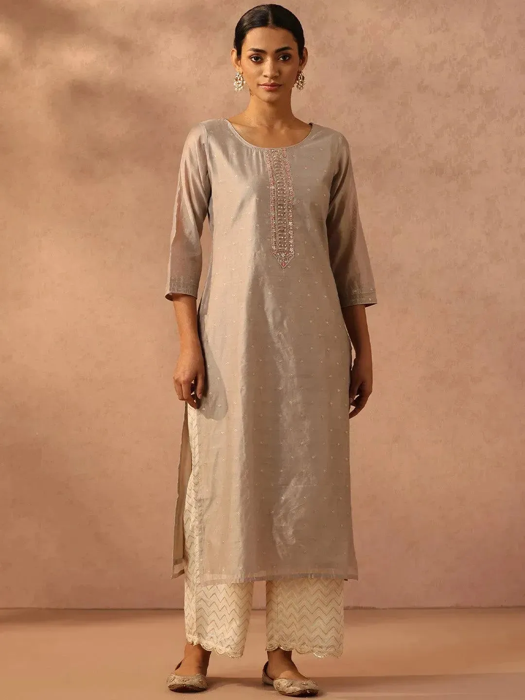 Grey Self Design Chanderi Silk Straight Kurta