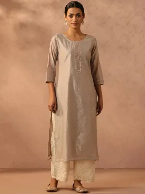 Grey Self Design Chanderi Silk Straight Kurta