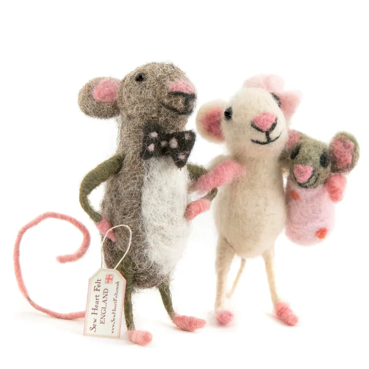 Handcrafted Mummy and Daddy Felt Mice Carrying Baby Girl, Nepal