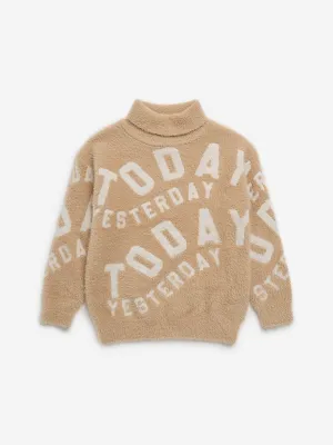 HOP Kids Light Brown Text Design Faux-Fur Sweater