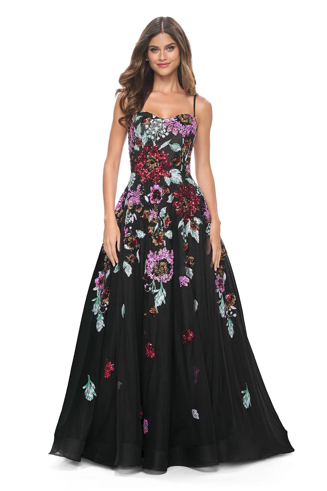 La Femme - 32019 - A-Line Gown with Multi-Color Floral Sequin Applique