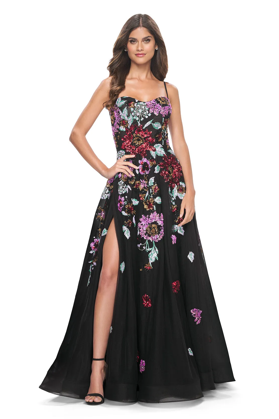 La Femme - 32019 - A-Line Gown with Multi-Color Floral Sequin Applique