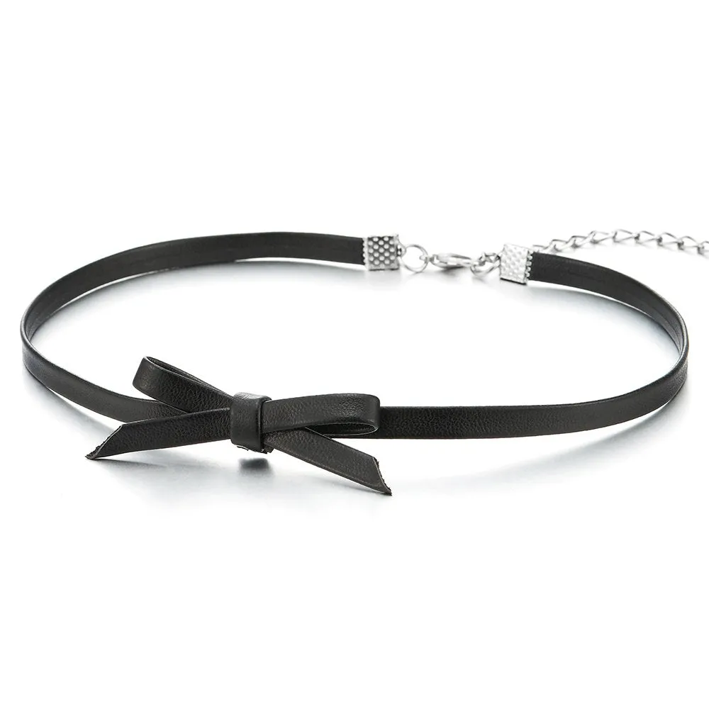 Ladies Black Leather Bow Choker Necklace Pendant