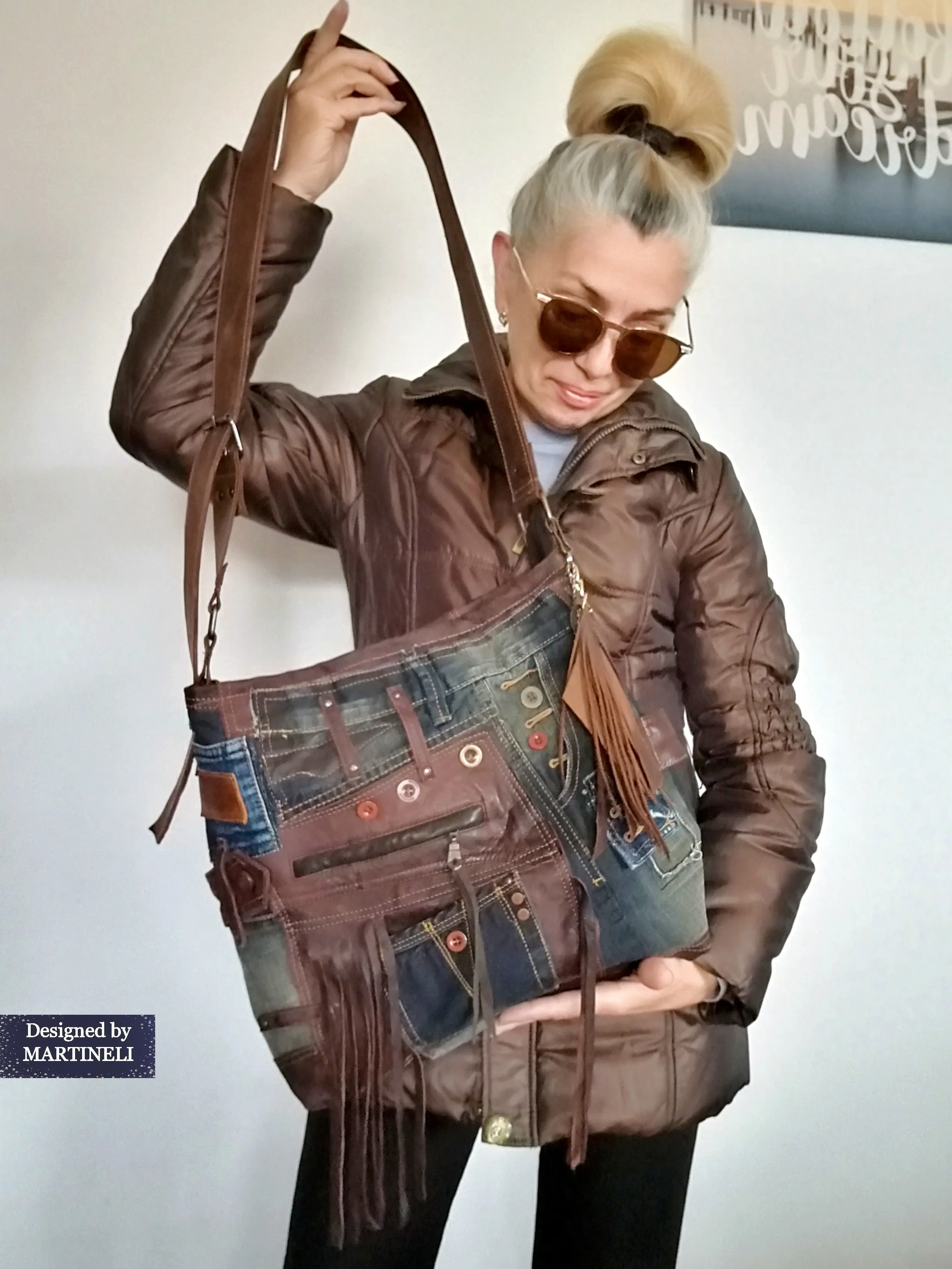 Large Leather Shoulder Bag Brown Leathe and Denim Tote Bag