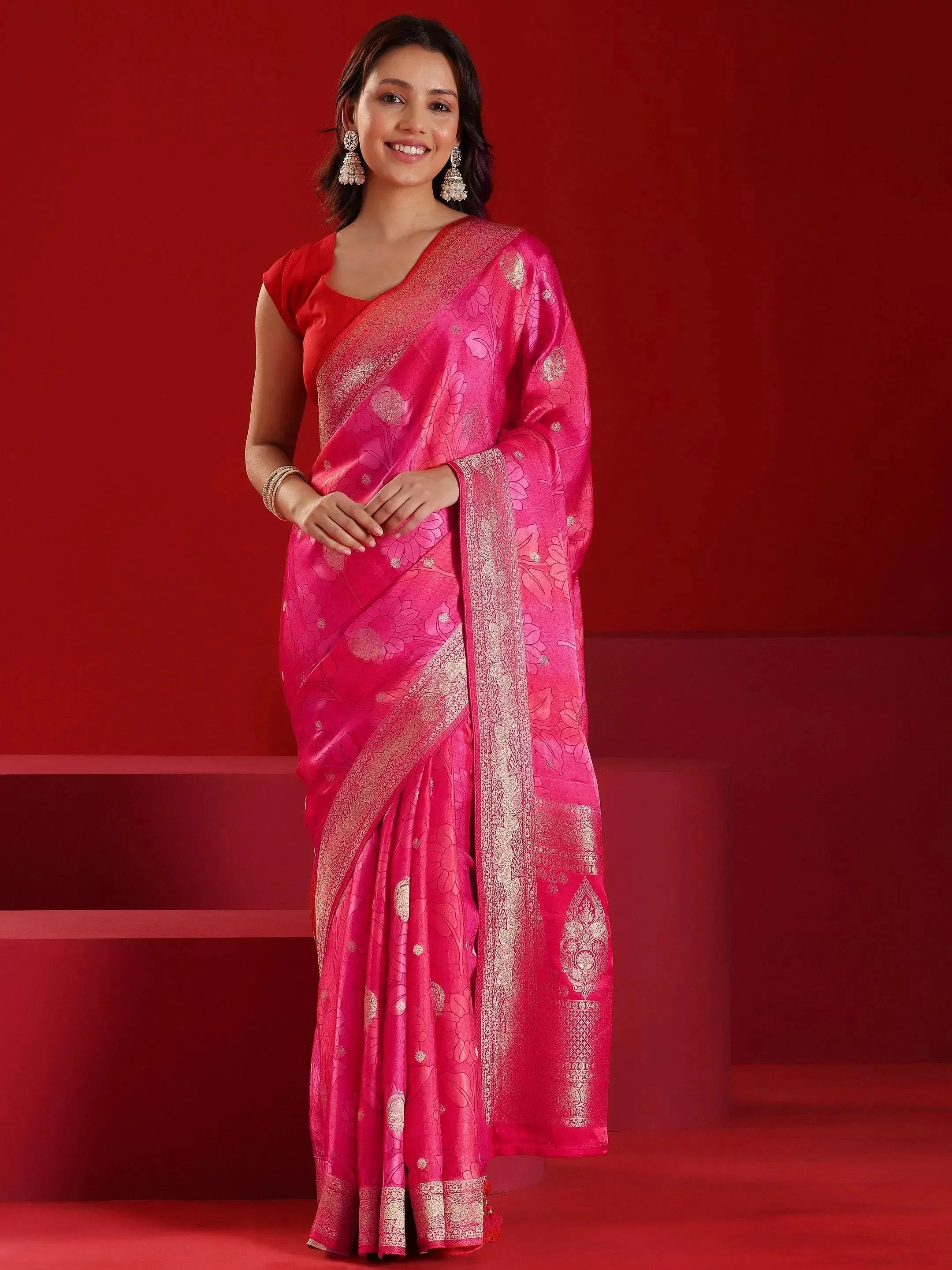 Libas Art Red Printed Satin Saree With Unstitched  Blouse Piece