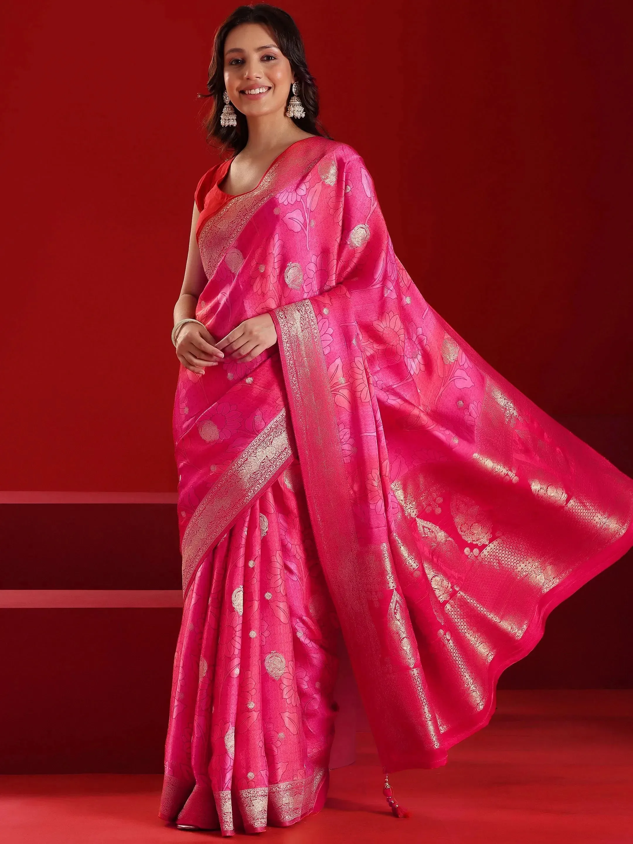 Libas Art Red Printed Satin Saree With Unstitched  Blouse Piece