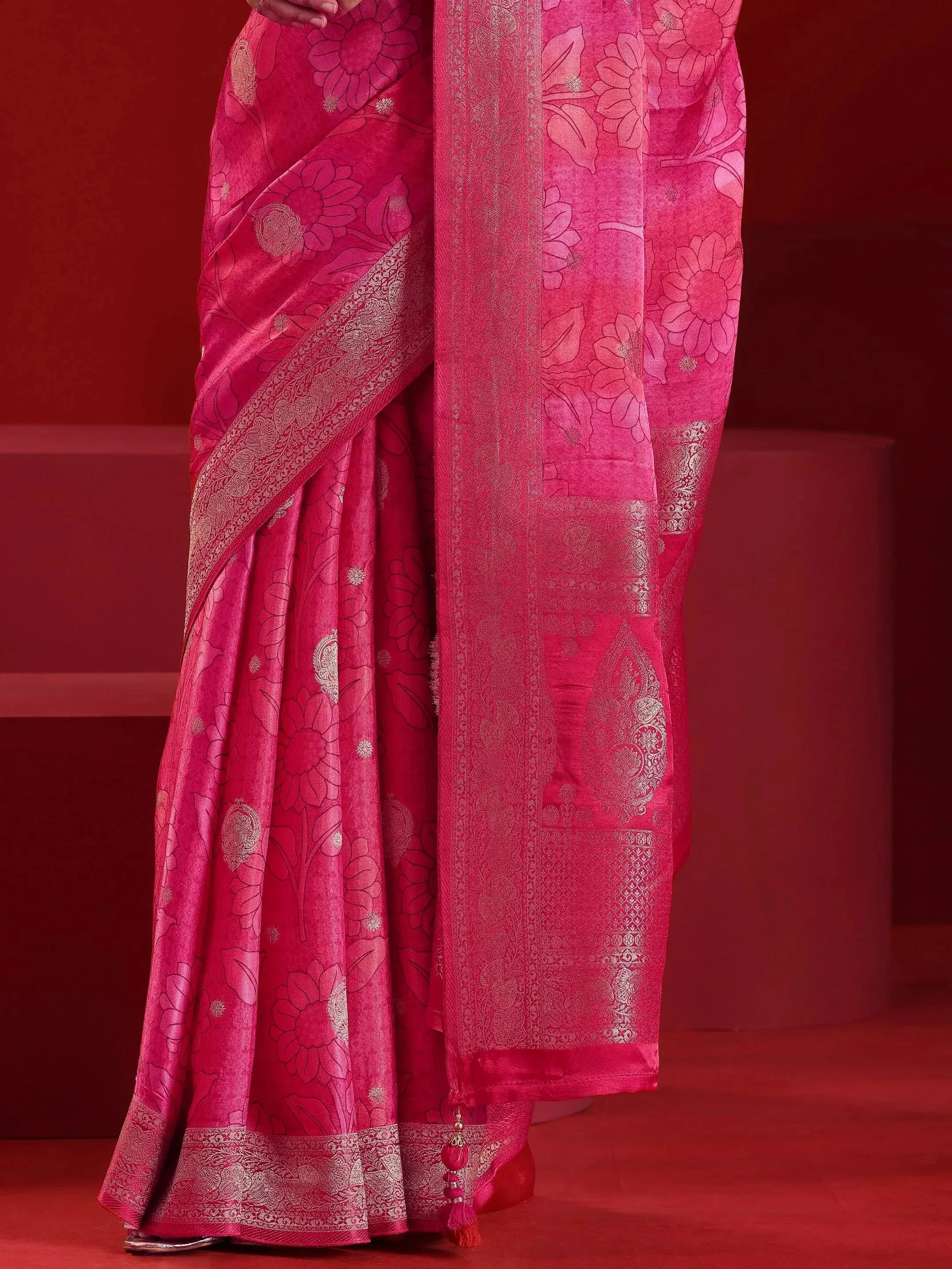 Libas Art Red Printed Satin Saree With Unstitched  Blouse Piece