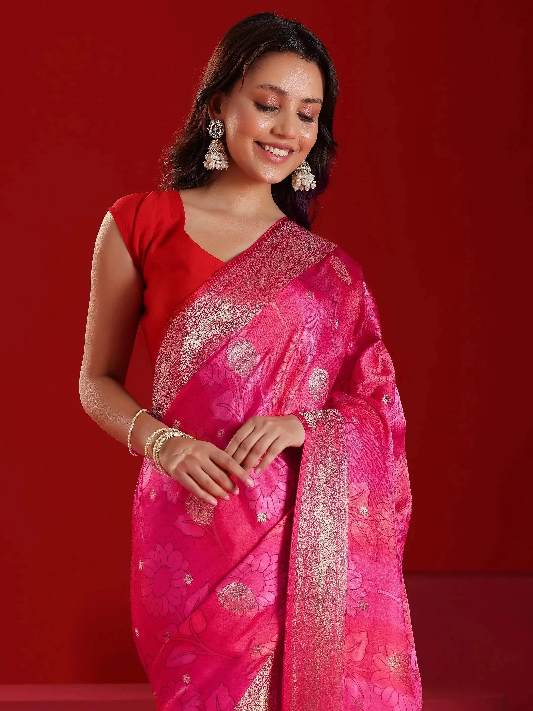 Libas Art Red Printed Satin Saree With Unstitched  Blouse Piece