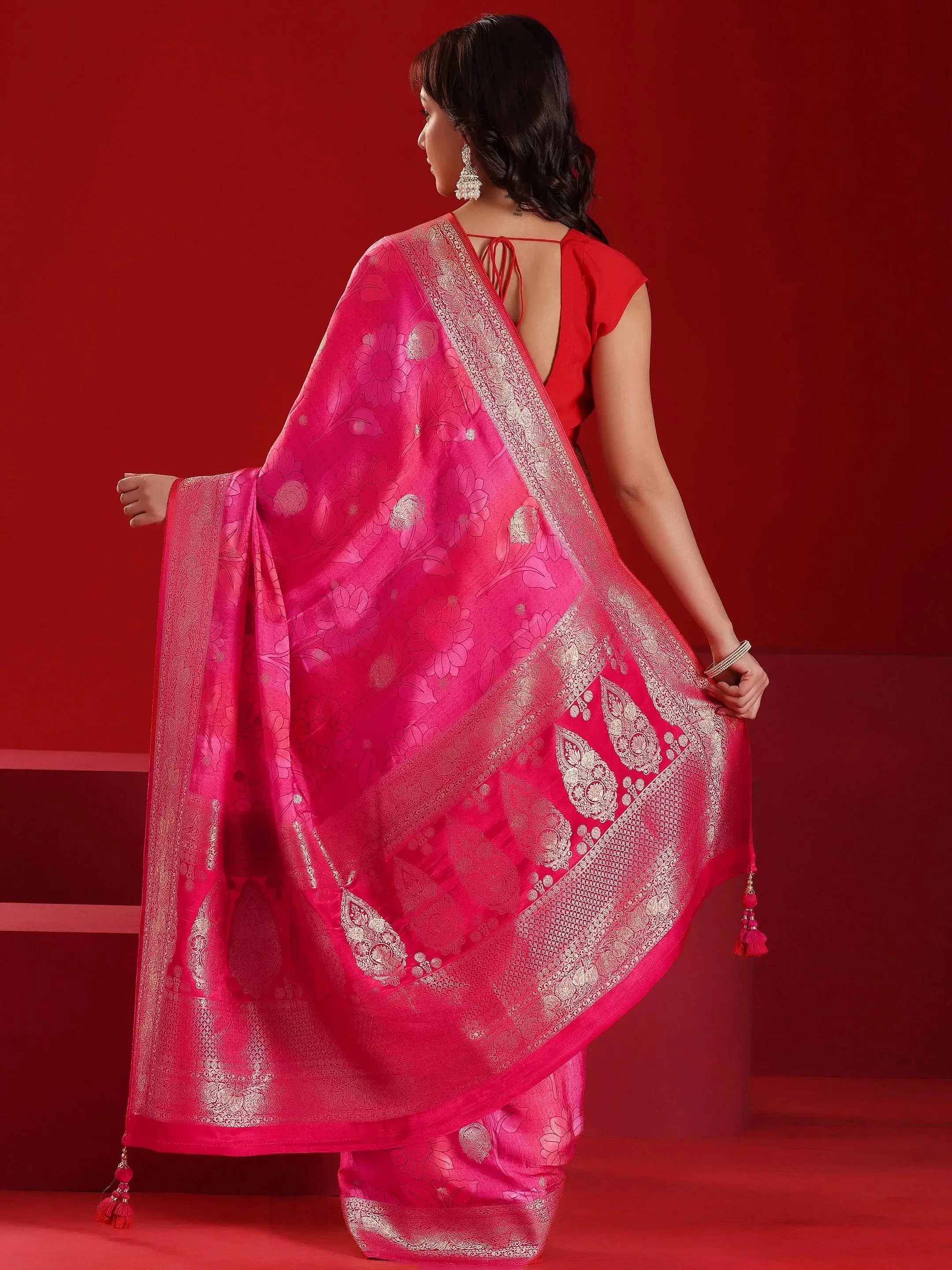 Libas Art Red Printed Satin Saree With Unstitched  Blouse Piece